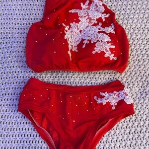 Pole Dance Set or Red Bikini with White Lace Embellishments. Size Small